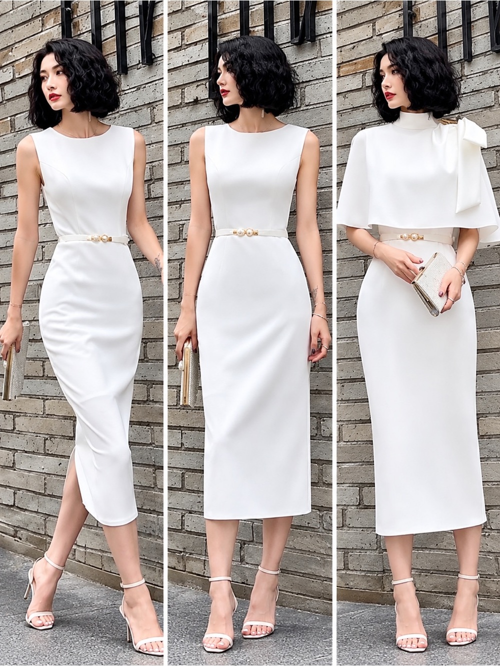 TS COUTURE White 3-Piece Sheath/Column Dress with Cape & Belt | Size S | NWT